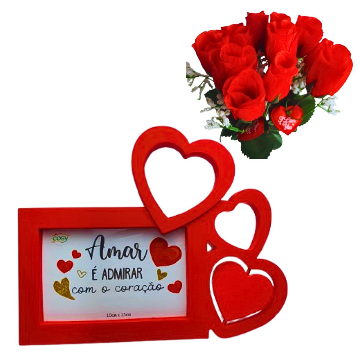 Kit Porta Retrato Coração Vermelho Amor Love + Buquê com 12 Botões de Rosas Artificial C/ Tag Kit Porta Retrato Coração Vermelho Amor Love + Buquê com 12 Botões de Rosas Artificial C/ Tag